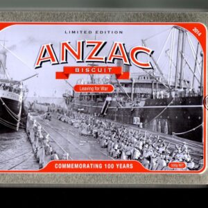 Unibic ANZAC Biscuit, 'Leaving for War', by ship, red on bronze, 500g. Biscuit Tin
