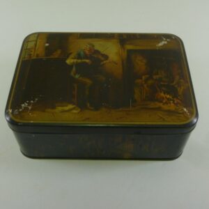 Arnott's 'OLD MUSICIAN' (playing violin by fireside), rect. Biscuit Tin, c.1930's