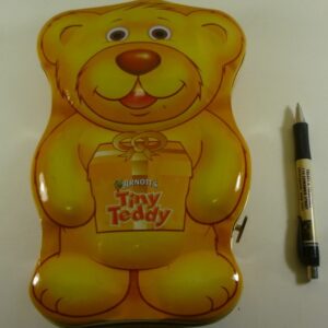 ARNOTT'S Tiny Teddy 'Happy', Musical 250g. Teddy-shaped Biscuit Tin, c.2005