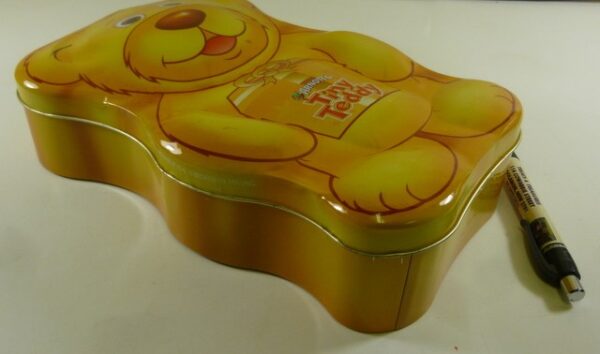 ARNOTT'S Tiny Teddy 'Happy', Musical 250g. Teddy-shaped Biscuit Tin, c.2005