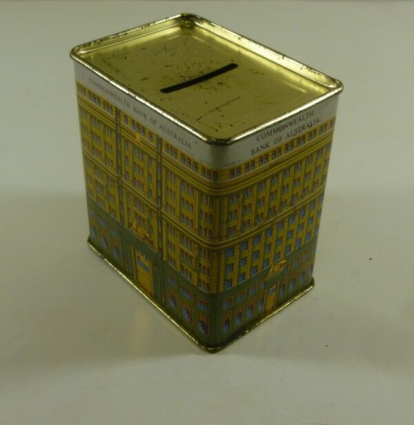 'COMMONWEALTH BANK', 'Replica Building', green & yellow, Money Box Tin