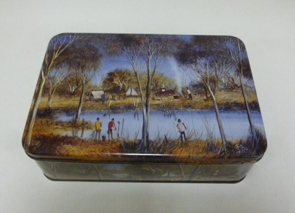 Pro Hart's 'Fishing', rectangular Biscuit Tin - oozing Australiana!