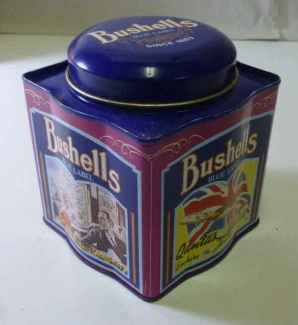 Bushells 'Australian Travel', blue on magneta, 250g. Tea Tin, c.1983