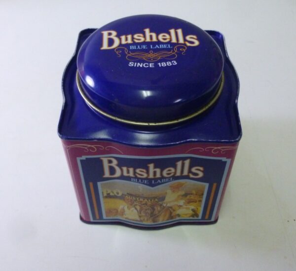 Bushells 'Australian Travel', blue on magneta, 250g. Tea Tin, c.1983