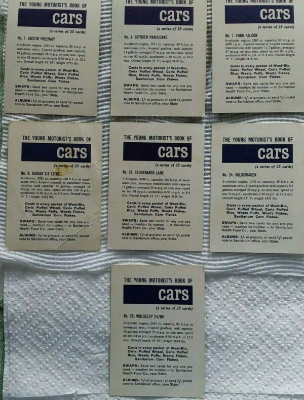 Sanitarium, 'Young Motorist's Cars', set of 7 collector cards, c.1960's