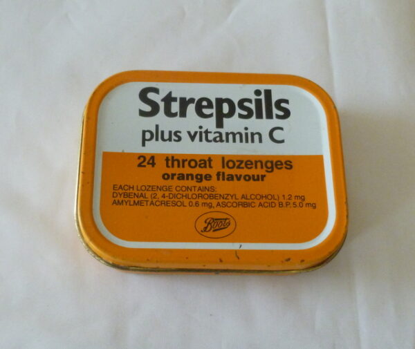 Boots brand, Strepsils Lozenges, orange & white Tin, c.1970's `