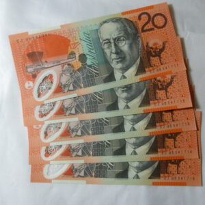 Australian $20 Note x 5, 'EJ' prefix, with consecutive numbers