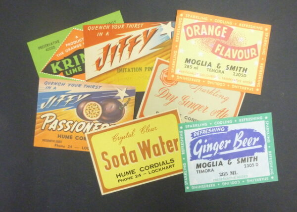 Riverina NSW brands, set of 7, Soft Drink bottle, paper labels, c.1960's