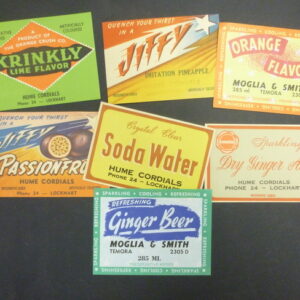 Riverina NSW brands, set of 7, Soft Drink bottle, paper labels, c.1960's