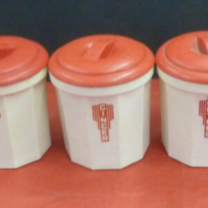 IPLEX Spice Canister Set of 5, Deco, in red on ivory bakelite, c.1940's