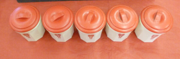 IPLEX Spice Canister Set of 5, Deco, in red on ivory bakelite, c.1940's - Image 5