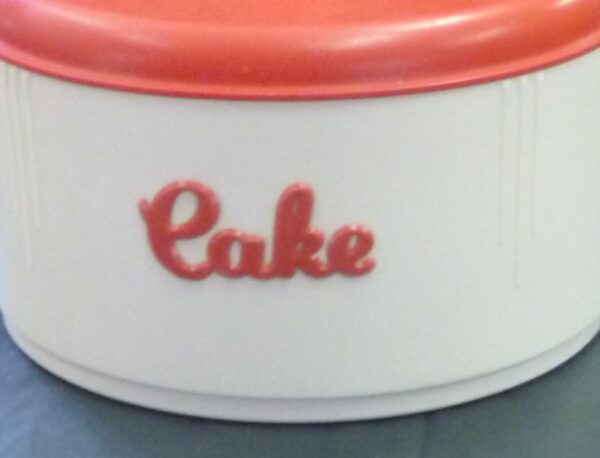 vintage Eon Kitchen 'Cake' Canister, raised applied label, in red on ivory bakelite, c.1940's