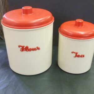 vintage Eon Kitchen Flour and Tea Canisters, raised applied label, in red on ivory bakelite, c.1940's